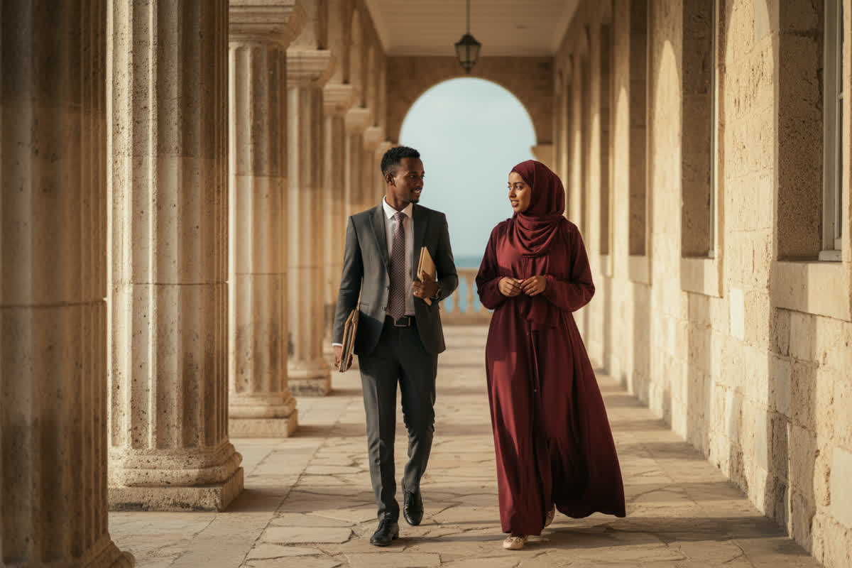Two lawyers walking through a colonnaded corridor in an old Somali coral-stone building