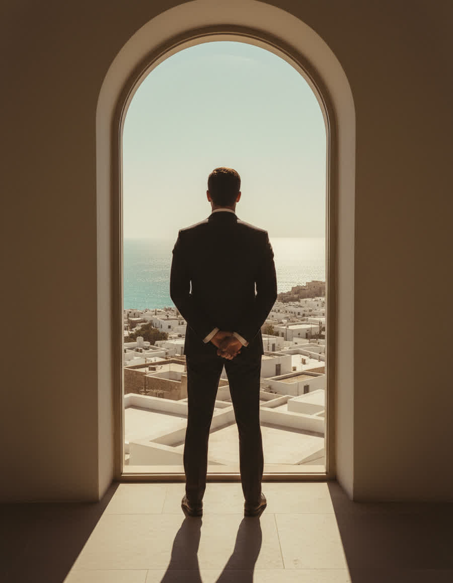 A figure in a dark suit at an arched window above a Somali coastal city