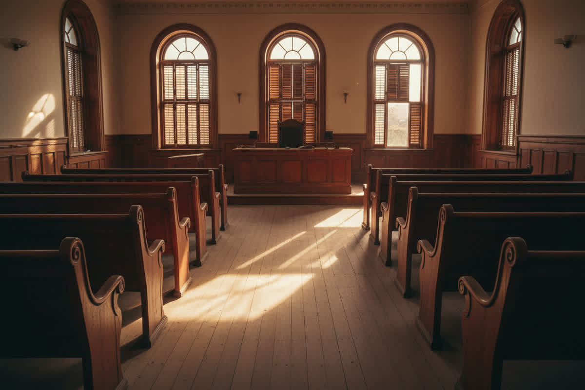 Empty benches of an old Somali courtroom with light falling through tall shutters