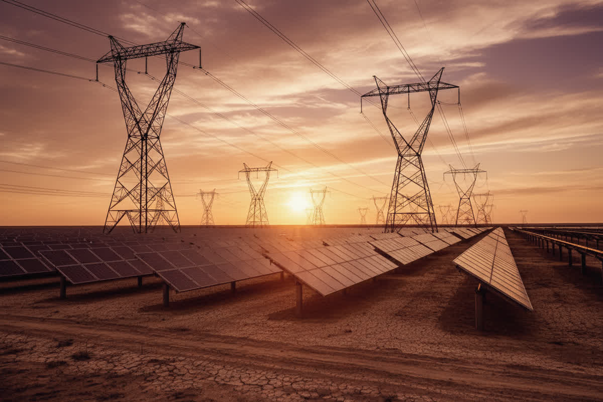 Electricity transmission pylons and a solar array on an arid Somali plain at dusk