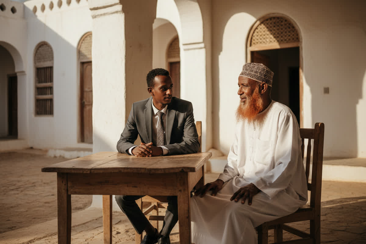 A lawyer listening to an elder across a simple table in a shaded courtyard