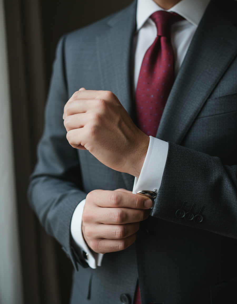 Close detail of a suit sleeve and cufflink in window light